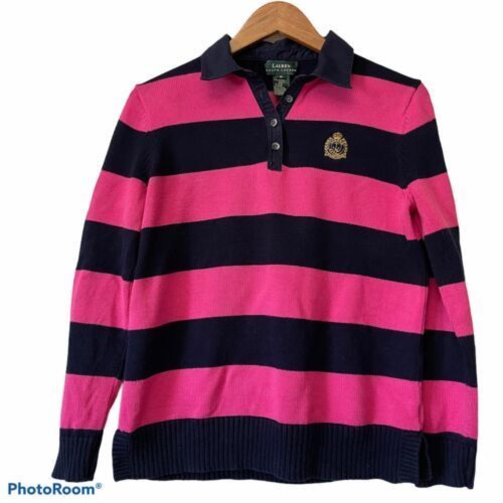 Lauren Ralph Lauren Sweater Sz M Navy Blue Pink Classic Stripe Collar Crest Logo